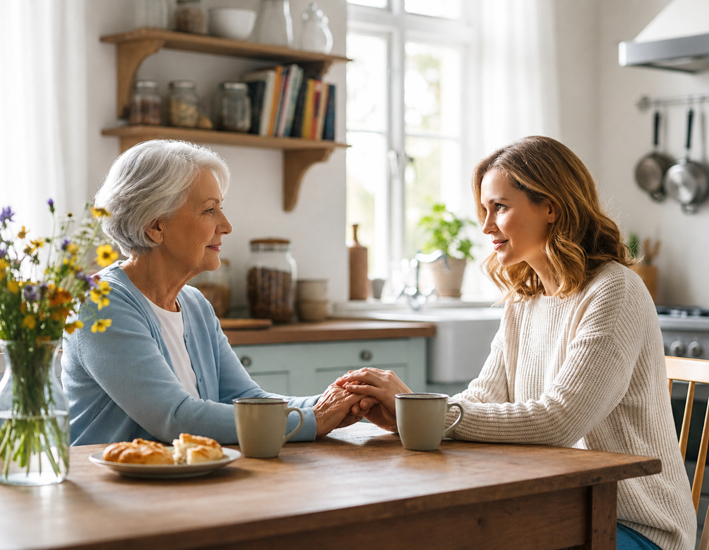 A patient and loved one talking together at a kitchen table
