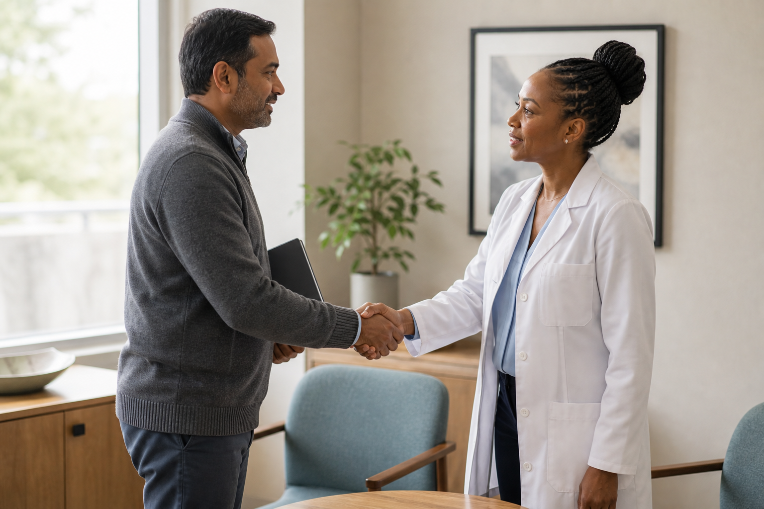 Patient speaking with a doctor before an appointment